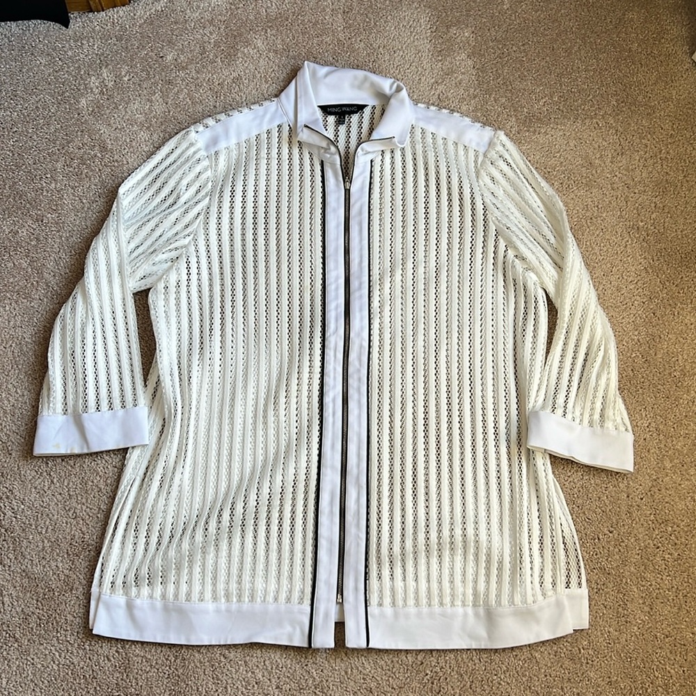 Ming Wang Elegant White Mesh Full Zip Jacket. Size Large